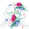 composition from inscription and flowers of fine coloring in vector aster leaves, stems, text - Happy birthday - watercolor stain