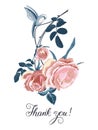 Card with bouquet of pink roses and birdie, lettering-Thank you
