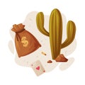 Card, Cactus and Sack with Money as Wild West Object Vector Composition