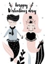 Card with calligraphy lettering happy valentines day and couple of mermaids in scandinavian style. Vector illustration