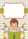 Card with cartoon boy reading books