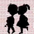 Card with cartoon silhouettes of a boy and a girl kissing