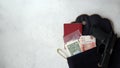 Card, cash, passport and gun in Woman`s bag Royalty Free Stock Photo