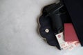 Card, cash, passport and gun in Woman`s bag Royalty Free Stock Photo