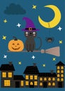Card with cat on the broom is flying over the town Royalty Free Stock Photo