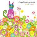 Floral background with a cat