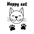Card with a cat. From the series are different characters of pets. Text - Happy cat. Satisfied face with a smile, eyes closed, two