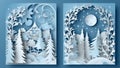 winter greeting blue snowflakes paper origami art merry tree christmas background. Generative AI. Royalty Free Stock Photo