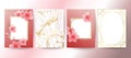 Card with cherry blossoms. Geometric frame. White and gold marble texture. Sakura flowers. Wedding invitation design.