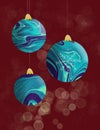 Card christmas balls with blue and light blue liquid texture on dark red background