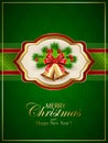 Card with Christmas bells and holly berries on green background Royalty Free Stock Photo