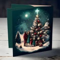 The card, the Christmas tree and the family. Christmas card as a symbol of remembrance of the birth of the savior