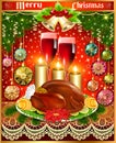 Card for christmas turkey wine candles and Christmas balls Royalty Free Stock Photo