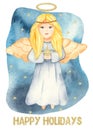 Card Christmas with watercolor cute angel and golden star Royalty Free Stock Photo