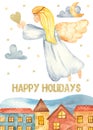 Card Christmas with watercolor flying angel and golden heart over the city Royalty Free Stock Photo