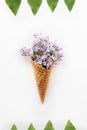 Card with Close up Bouquet of purple lilac flowers in the waffle cone and frame of raws of green leafs on the white background. To Royalty Free Stock Photo