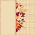 Card with colorful autumn leaves on a sacking background. Vector eps-10.