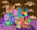 Card with colorful town at night. Cute bright houses on the hills