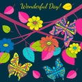 Card for congratulations, Mother's Day, birthday, butterflies, flowers, leaves, twigs Doodles Royalty Free Stock Photo