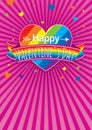 Card cover with message: Happy Valentines Day on a rainbow heart surrounded with multicolor ribbon on a purple background