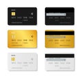 Card credit. Mockup of plastic debit card. Set of bank card with chip. Template in front, back view. White, black, gold mock. Royalty Free Stock Photo