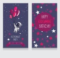 Card with cute astronaut and stars in space for birthday party in cosmic style