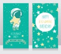 Card with cute astronaut and stars in space for birthday party in cosmic style