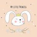 Card with cute cartoon bunny and handwritten inscription My little Princess. Royalty Free Stock Photo