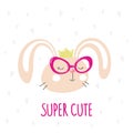 Card with cute cartoon bunny in trendy pink glasses. Royalty Free Stock Photo