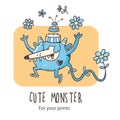 Card with cute cartoon monster and flowers. Vector illustration for kids. Funny doodle creature print.