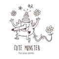 Card with cute cartoon monster and flowers. Vector illustration for kids. Funny doodle creature print.