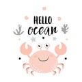 Card with cute crab isolated on white, hello ocean