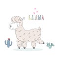 Card with Cute hand drawn funny llama. vector print