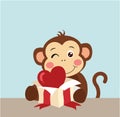 Card with cute monkey opening surprise heart box Royalty Free Stock Photo