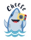 Card of cute shark with photocamera isolated on white, lettering cheese, animal marine print
