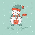 Card cute snowman postman and snow. Vector Royalty Free Stock Photo