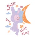 Card with cute sweet sleeping bunny or rabbit, moon, stars and lettering.