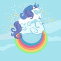 Card with a cute unicorn rainbow in the clouds. Royalty Free Stock Photo