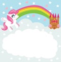 Card with a cute unicorn rainbow and fairy-tale princess castle Royalty Free Stock Photo