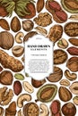 Card design with colored cashew, peanut, pistachio, hazelnut, almond, walnut