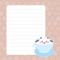 Card design Cute Kawai cat in blue cup of froth art coffee, pink purple pastel colors polka dot lined page notebook, template,