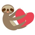 Card design cute kawaii Three-toed sloth holding red heart, copy space isolated on white background. Vector