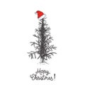 Card design with a hand drawn Christmas tree with snowflakes and Merry Christmas text. Santa`s hat Royalty Free Stock Photo