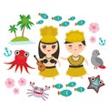 Card design Hawaiian Hula Dancer Kawaii boy girl set of Hawaii icons symbols guitar ukulele flowers parrot fish crab octopus ancho