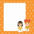 Card design with Kawaii Ancient Egypt boy and girl in national costume and hat. Cartoon children in traditional dress. orange
