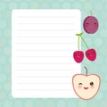 Card design with Kawaii cherry plum apple with blue pastel colors polka dot lined page notebook, template, blank, planner