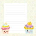 Card design with Kawaii Cupcake, muffin with beige pastel colors polka dot lined page notebook, template, blank, planner