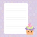 Card design with Kawaii Cupcake, muffin with purple pastel colors polka dot lined page notebook, template, blank, planner
