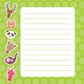 Card design with Kawaii deer, owl, panda, giraffe, elephant, unicorn, green pastel colors polka dot lined page notebook, template