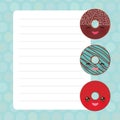 Card design with Kawaii donut, blue pastel colors polka dot lined page notebook, template, blank, planner background. Vector